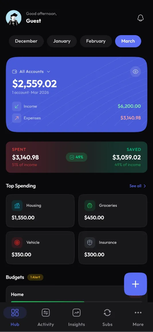 Vento expense tracker app showing dashboard with budget summary, recent transactions, and spending analytics